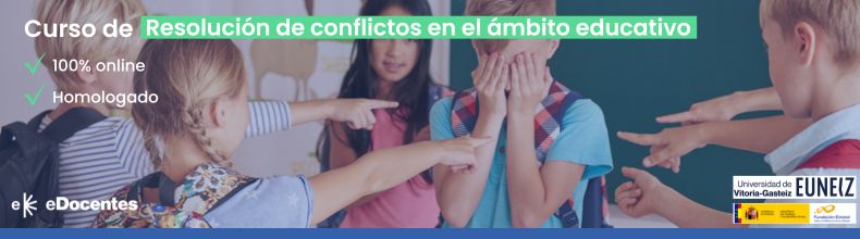 Imagen corporativa de eDocentes recomendando formación continua en resolución de conflicto en el aula.
