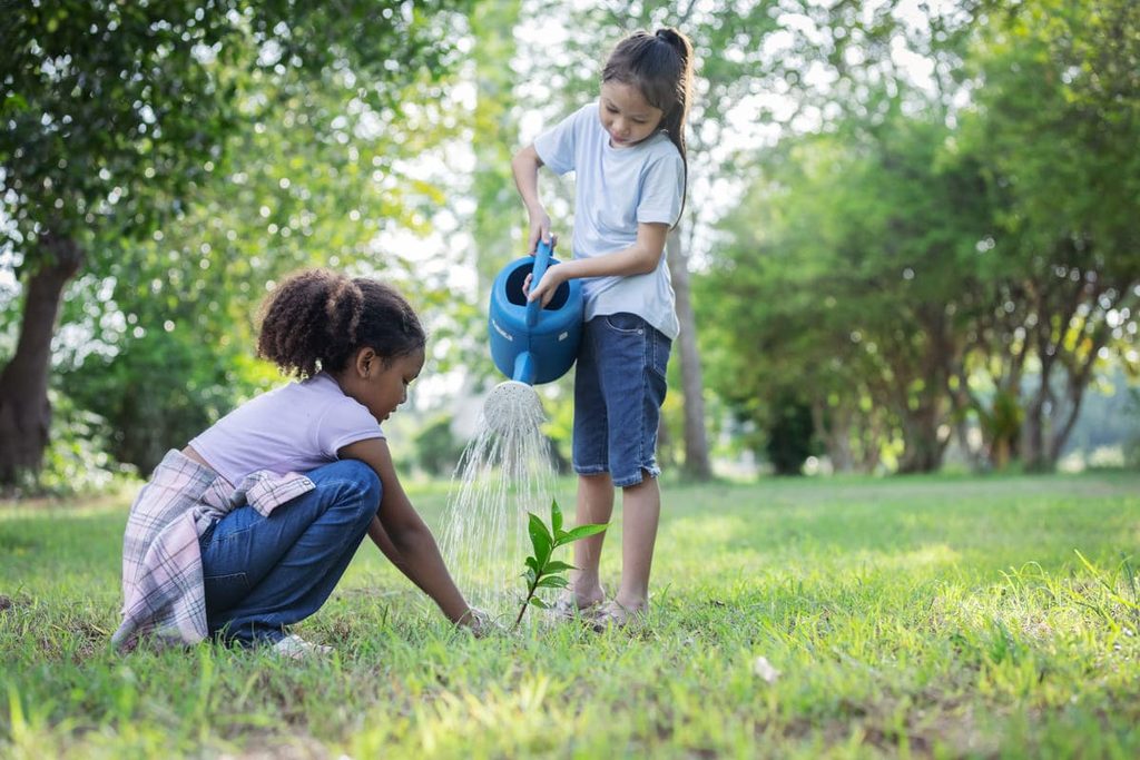 Dos niñas cuidando una planta en un parque, una regándola y otra trabajando la tierra, durante una actividad de educación ambiental al aire libre.